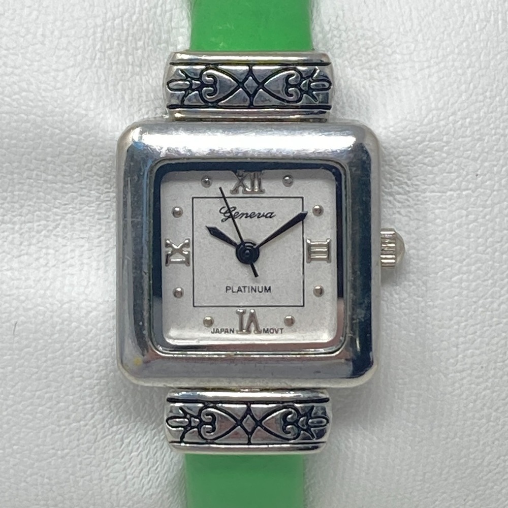 Geneva Womens Watch 22mm Silver Tone Green Cuff Spring New Battery SMALL 5.75"